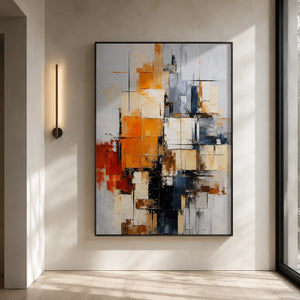 Amber Grid Abstract Wall Art displayed in a bright dining room | Oildeco