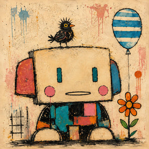 Patchwork Robot Folk Wall Art artwork view | OILDECO