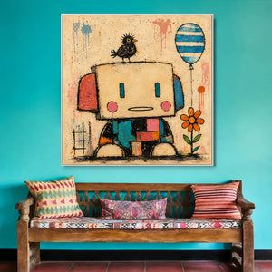 Patchwork Robot Folk Wall Art styled interior scene 1 | OILDECO