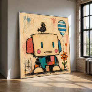 Patchwork Robot Folk Wall Art styled interior scene 2 | OILDECO