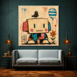 Patchwork Robot Folk Wall Art styled interior scene 3 | OILDECO