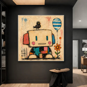 Patchwork Robot Folk Wall Art styled interior scene 4 | OILDECO