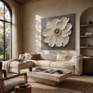 Ivory Bloom Floral Wall Art shown in a quiet home office | Oildeco