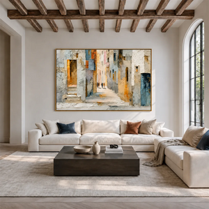 Sunlit Alley Textured Cityscape Wall Art styled interior scene 1 | OILDECO