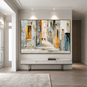 Sunlit Alley Textured Cityscape Wall Art styled interior scene 3 | OILDECO