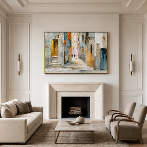 Sunlit Alley Textured Cityscape Wall Art styled interior scene 4 | OILDECO