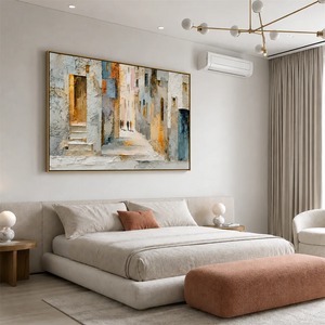 Sunlit Alley Textured Cityscape Wall Art styled interior scene 5 | OILDECO