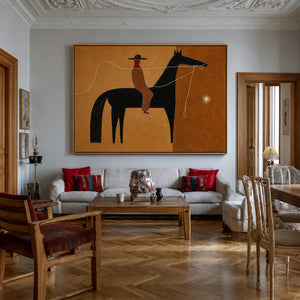 Ochre Lasso Rider Horse Wall Art styled interior scene 2 | OILDECO