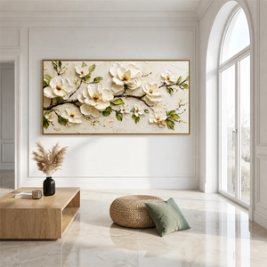 Ivory Magnolia Branch Textured Wall Art styled interior scene 1 | OILDECO