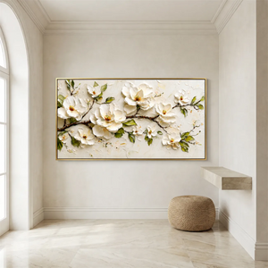 Ivory Magnolia Branch Textured Wall Art styled interior scene 2 | OILDECO