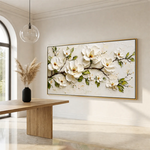Ivory Magnolia Branch Textured Wall Art styled interior scene 4 | OILDECO