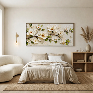 Ivory Magnolia Branch Textured Wall Art styled interior scene 5 | OILDECO