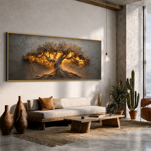 Golden Olive Tree Panoramic Wall Art styled interior scene 1 | OILDECO