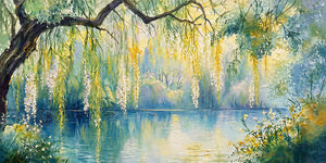 Sunlit Willow Lake Panoramic Wall Art artwork view | OILDECO