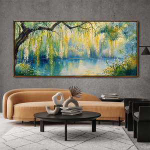 Sunlit Willow Lake Panoramic Wall Art styled interior scene 1 | OILDECO