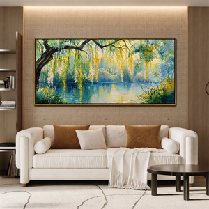 Sunlit Willow Lake Panoramic Wall Art styled interior scene 2 | OILDECO
