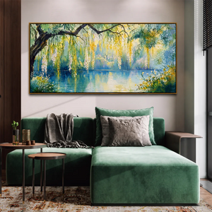 Sunlit Willow Lake Panoramic Wall Art styled interior scene 3 | OILDECO