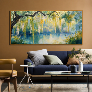 Sunlit Willow Lake Panoramic Wall Art styled interior scene 5 | OILDECO