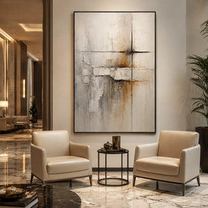 Quiet Cross Abstract Wall Art displayed in a bright dining room | Oildeco