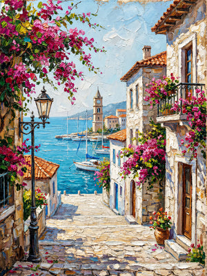 Bougainvillea Harbor Cityscape Wall Art artwork view | OILDECO