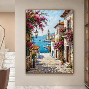 Bougainvillea Harbor Cityscape Wall Art styled interior scene 1 | OILDECO