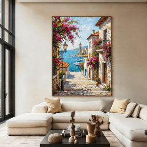 Bougainvillea Harbor Cityscape Wall Art styled interior scene 2 | OILDECO