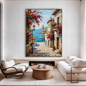 Bougainvillea Harbor Cityscape Wall Art styled interior scene 3 | OILDECO
