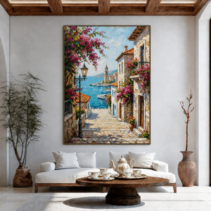 Bougainvillea Harbor Cityscape Wall Art styled interior scene 4 | OILDECO