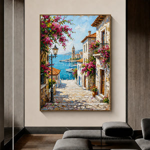Bougainvillea Harbor Cityscape Wall Art styled interior scene 5 | OILDECO