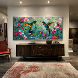 Blossom Flight Hummingbird Wall Art styled interior scene 2 | OILDECO
