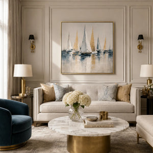 Golden Sails Ocean Wall Art styled in a modern living room | Oildeco