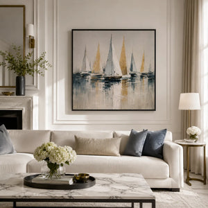 Golden Sails Ocean Wall Art displayed above a sofa in a neutral interior | Oildeco