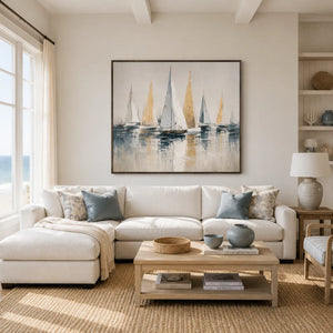 Golden Sails Ocean Wall Art shown in a calm bedroom setting | Oildeco