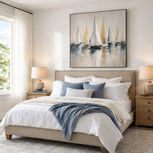 Golden Sails Ocean Wall Art shown in bedroom and office interiors | Oildeco