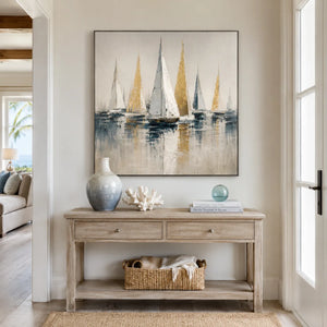 Golden Sails Ocean Wall Art displayed in a bright dining room | Oildeco
