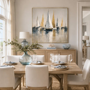 Golden Sails Ocean Wall Art shown in a quiet home office | Oildeco