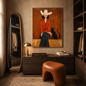 Desert Muse Figure Wall Art styled in a warm bedroom dressing area | OILDECO