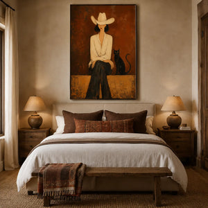 Desert Muse Figure Wall Art shown in a calm bedroom setting | Oildeco