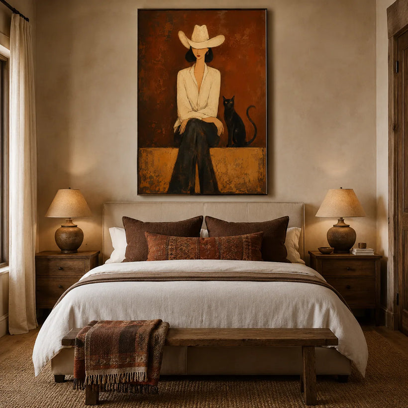 Desert Muse Figure Wall Art shown in a calm bedroom setting | Oildeco