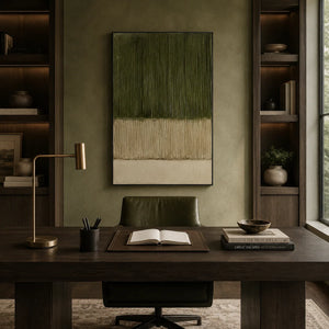 Olive Lines Textured Wall Art shown in a quiet home office | Oildeco