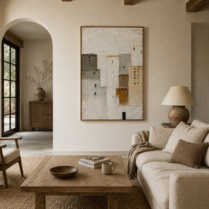 Quiet Facade Textured Wall Art displayed above a sofa in a neutral interior | Oildeco