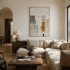 Quiet Facade Textured Wall Art shown in a calm bedroom setting | Oildeco