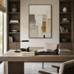 Quiet Facade Textured Wall Art shown in a quiet home office | Oildeco