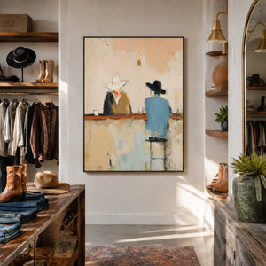 Quiet Saloon Cowboys Textured Wall Art styled interior scene 3 | OILDECO