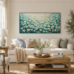 Turquoise Meadow Floral Wall Art styled in a modern living room | Oildeco
