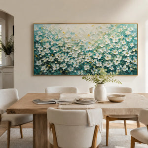 Turquoise Meadow Floral Wall Art displayed in a bright dining room | Oildeco