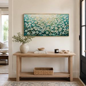 Turquoise Meadow Floral Wall Art styled in a contemporary entryway | Oildeco