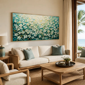 Turquoise Meadow Floral Wall Art displayed in a bright dining room | Oildeco