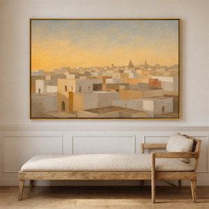 Sunlit Ivory Rooftops Wall Art styled interior scene 1 | OILDECO