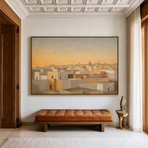 Sunlit Ivory Rooftops Wall Art styled interior scene 2 | OILDECO